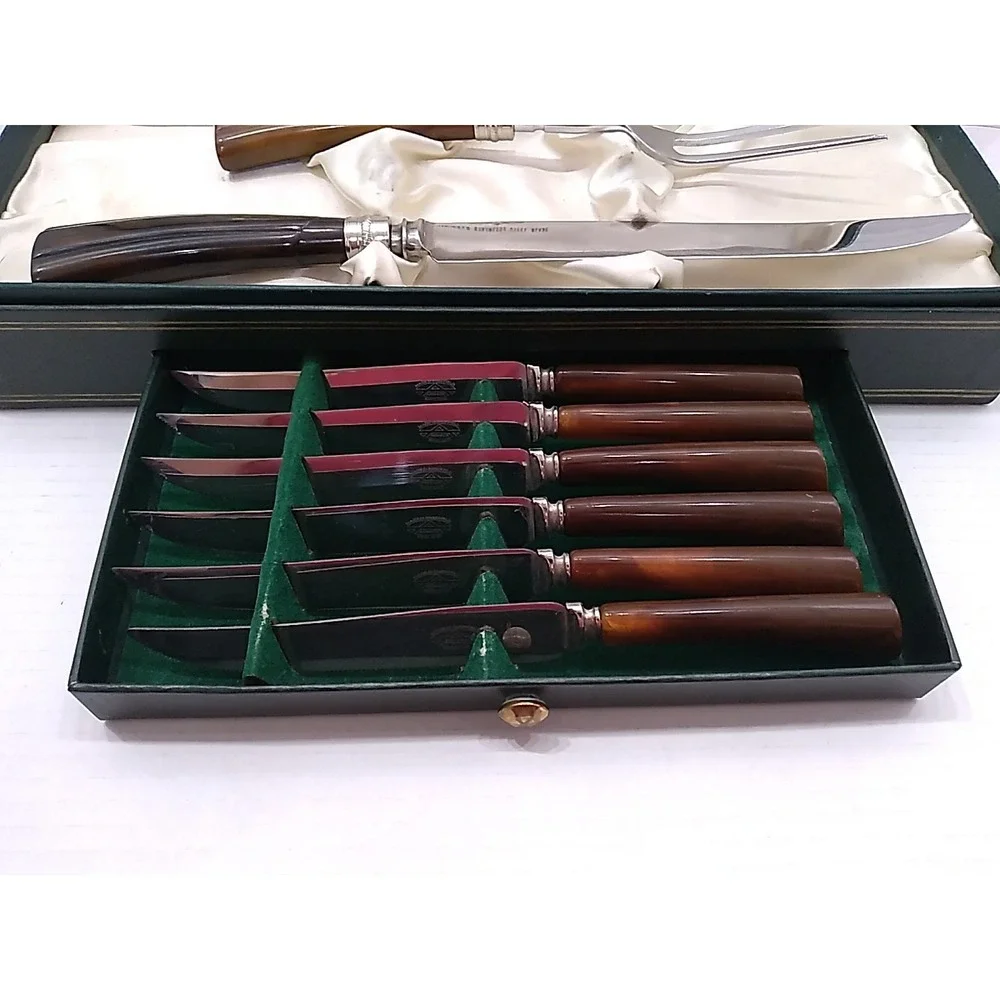 Vtg Sheffield 8 Piece Stainless Steel Carving Knife, Fork, Steak Knives W/ Case